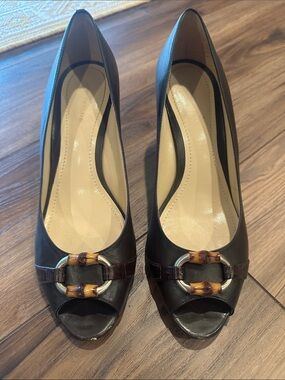 Women's Dark Brown Peep-Toe Heels with Bamboo Accent
